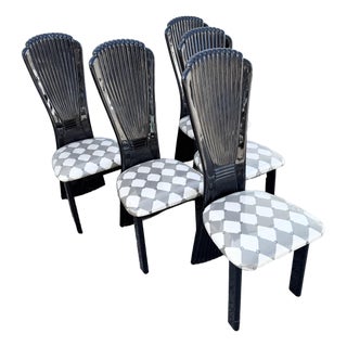 Art Deco Black Lacquered High Back Dining Chairs - Set of 5 For Sale