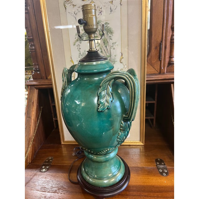 Vintage Turquoise-Green Glazed Ceramic Urn-Style Lamp For Sale - Image 4 of 8