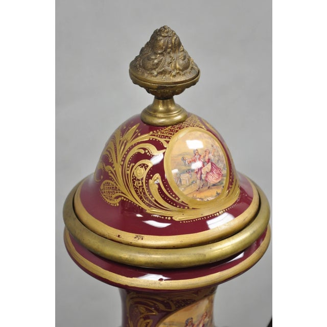 Vintage Palace Size French Sevres Style Red Porcelain Revolving Covered Urn Pair For Sale - Image 14 of 18