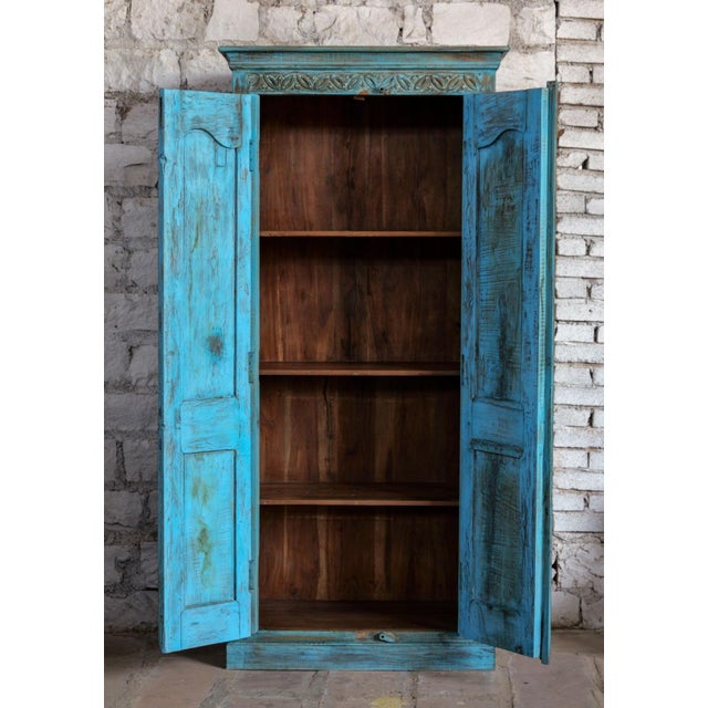 Antique Hand-Carved Blue Armoire With Floral Motifs & Brass Stud Detailing 83x38 For Sale In Orlando - Image 6 of 7