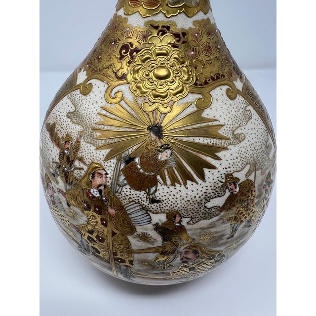 Antique Japanese Satsuma Bottle Vase, Meiji Period Figural Court Scene With Gilt Moriage Decoration For Sale - Image 9 of 9