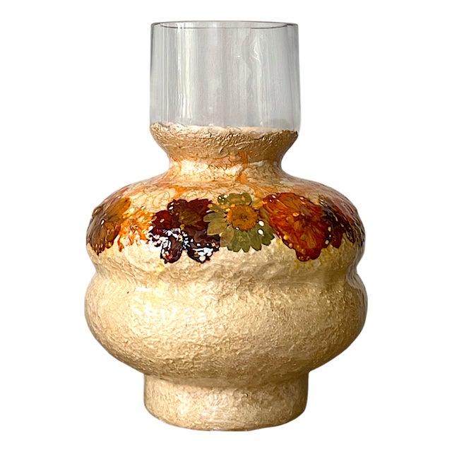 Boho, Farmhouse Masonry and Pressed Flower Vase, Pressed Flower Botanical Sculptural Glass Vase, Textured Studio Original Statement Piece For Sale