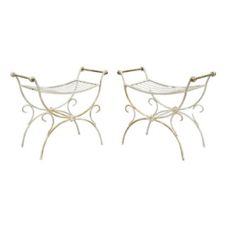 Vintage Italian Regency Wrought Iron & Brass Curule X Frame Stools - A Pair For Sale