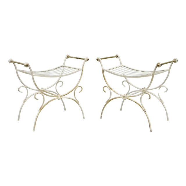 Vintage Italian Regency Wrought Iron & Brass Curule X Frame Stools - A Pair For Sale
