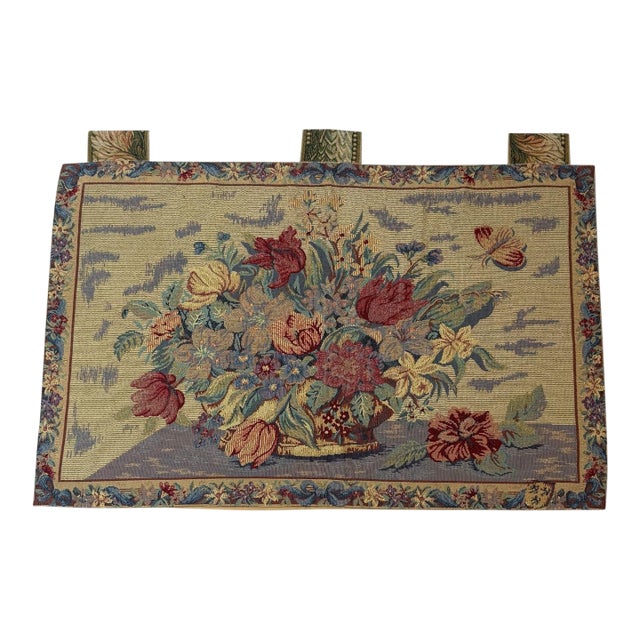 Vintage Chinese Aubusson-Style Floral Tapestry, 1960s, Wool on Cotton, 2'2" X 3'5" For Sale