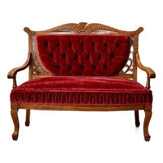 Vintage Victorian-Style Wine Red Velvet Loveseat For Sale