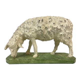 Vintage Hand-Painted English Country Grazing Sheep Sculpture on Green Plinth For Sale