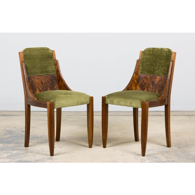 1920s French Art Deco Walnut Gondola Dining Chairs in Olive Green - Set of 8 For Sale - Image 13 of 18