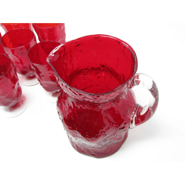 Mid-Century Modern Vintage Morgantown Crinkle Ruby Red Glass Water Goblets Iced Tea Glasses With Pitcher - 7 Pieces For Sale - Image 3 of 13