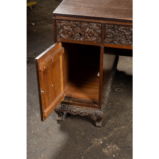 Hand-Carved Indonesian Floral Kneehole Desk For Sale - Image 9 of 16