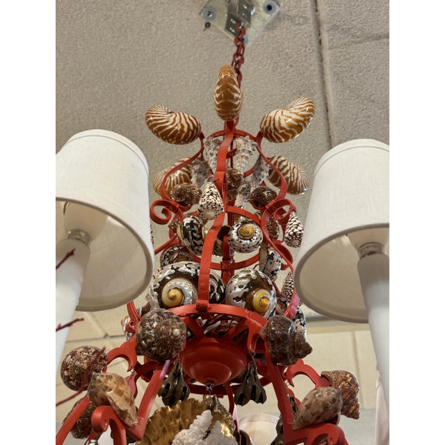 Coastal Red Coral & Shell Chandelier W/Brass Bells For Sale - Image 3 of 6