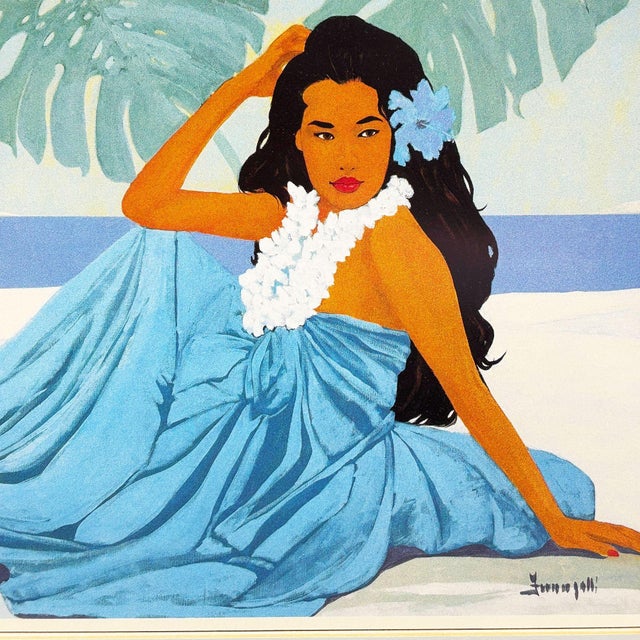 Mid-Century Modern 1980 "Wahine" & "Lei Wahine" Lithograph Prints by Luigi Fumagalli in Koa Frame, Pair For Sale - Image 3 of 11