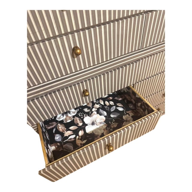 2020s Taupe & Cream Striped 10-Drawer Chest With Brass-Tone Knobs For Sale - Image 5 of 6