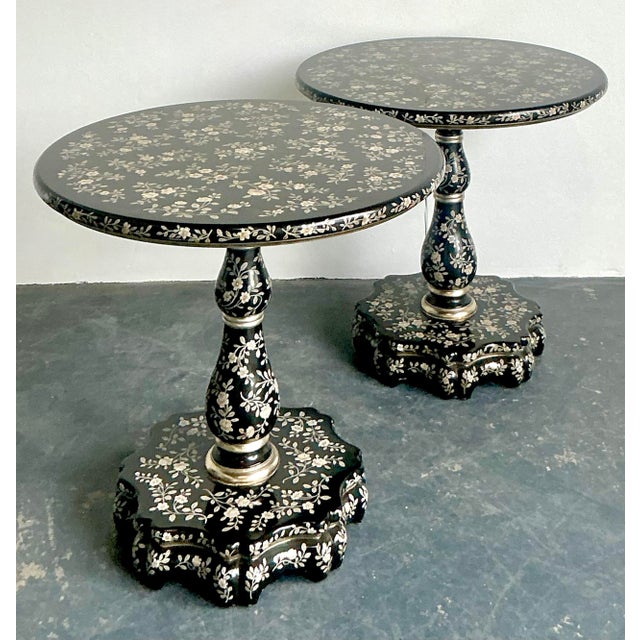 English Vintage Boho Hand Painted Side Tables - A Pair For Sale - Image 3 of 12