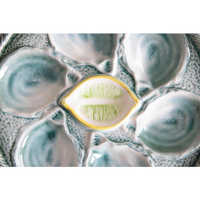 1920s Antique French Saint Clément Majolica Blue Green & Yellow Lemon Wedge Oyster Plate For Sale - Image 5 of 7