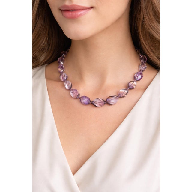 Natural Bolivian Carved Ametrine Beaded Necklace With 14k Gold Clasp For Sale - Image 11 of 11