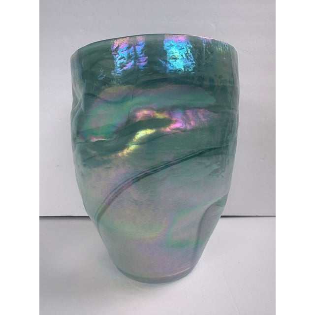 Contemporary Mid 20th Century Iridescent Aqua Art Glass Vase With Asymmetrical Sculptural Form For Sale - Image 3 of 8