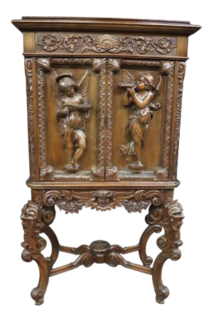 Italian Style Figural Carved 2-Door Bar/China Cabinet