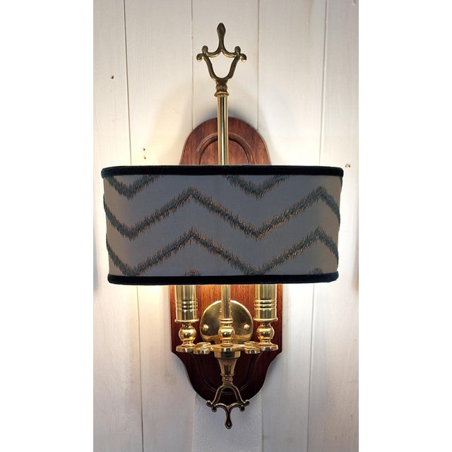 Goldenrod Vintage Wall Lamp with Mahogany Back Panel, Brass Frame and Fabric Shade, 1980s For Sale - Image 8 of 8