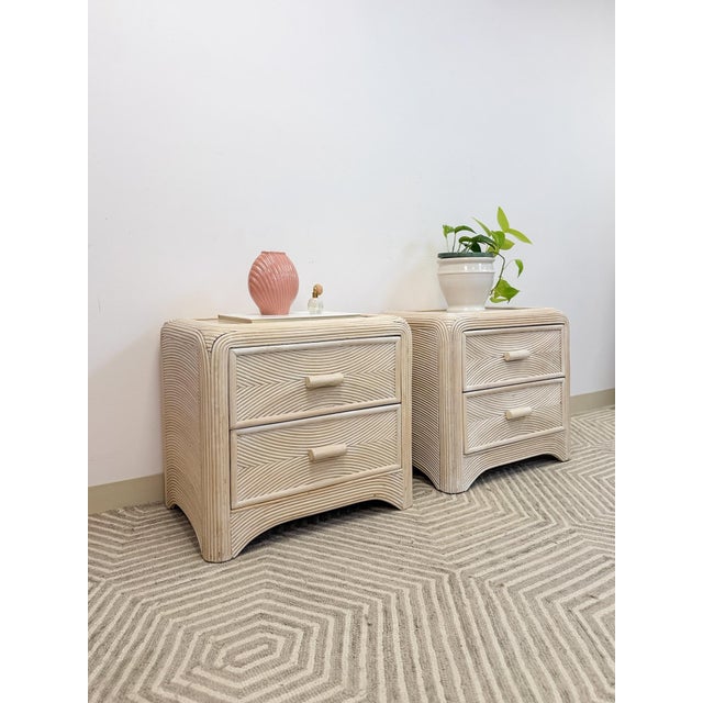 Pair of Vintage Pencil Reed Rattan Nightstand Coastal Hollywood Regency Tables For Sale - Image 4 of 11