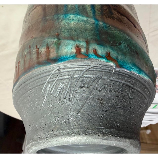 Vintage Large Tall Signed Tom Neugebauer Blue Green Raku Blackware Pottery Vase For Sale - Image 9 of 13