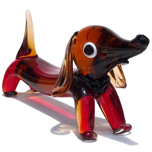 Murano Murano Vintage Sommerso Red Orange Italian Art Glass Dachshund Puppy Dog Figure Sculpture For Sale - Image 4 of 11
