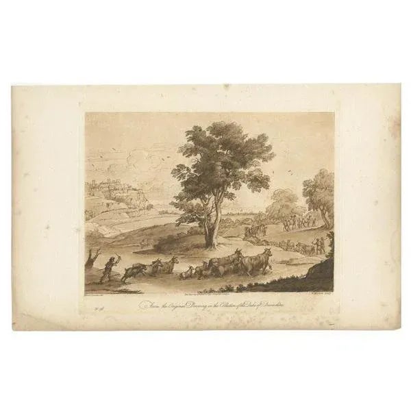 Antique print of a landscape with cattle. Mezzotint with etched lines, printed in sepia. Engraved by Richard Earlom (1743...