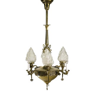 Mid 20th Century Empire 8 Arm Glass Flame Shades Brass Chandelier For Sale
