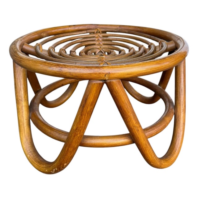 Vintage 1970s Rattan Round Ottoman — Woven Boho Foot Stool For Sale
