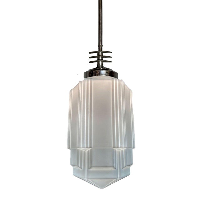 1930s Art Deco Chrome Streamline Pendant Light W/ Skyscraper Milk Glass Shade For Sale - Image 4 of 6