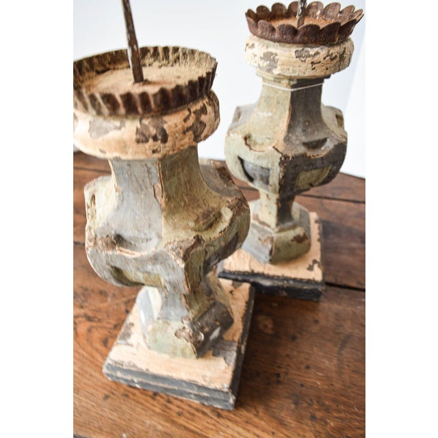 Rustic European 18th Century Carved Candlestick Bases - a Pair For Sale - Image 3 of 3