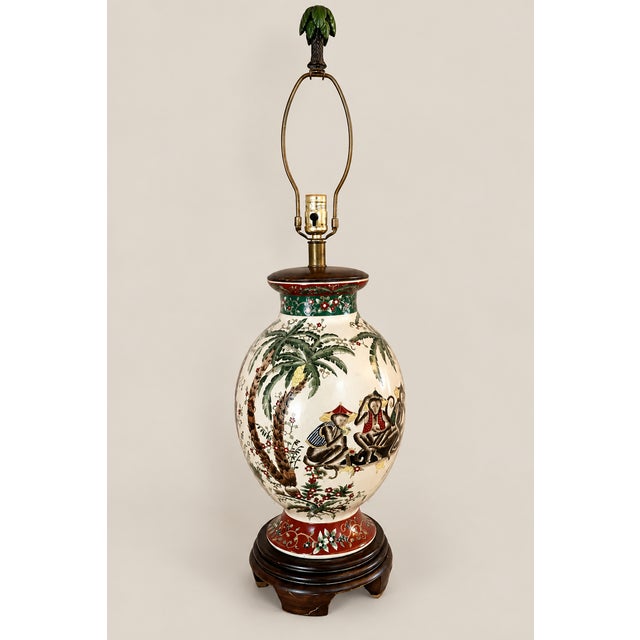 Chinoiserie Vintage Fredrick Cooper Chinoiserie Asian Ralph Lauren Style Handpainted With Palm Trees & Fez Monkeys Table Lamp For Sale - Image 3 of 11
