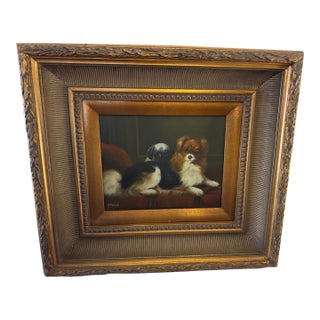 Late 19th Century Oil Painting of Two Dogs in Beautiful Wooden Antique Gilded Frame For Sale