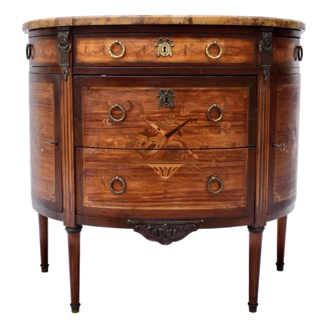 French 19th Century Marquetry Demi-Lune Server Commode, Specimen Marble Top For Sale