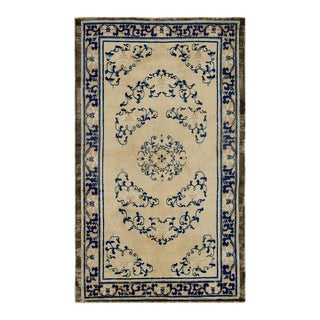 1700s Beige Field Medallion Qing Style Antique Chinese Ningxia Small Rug For Sale