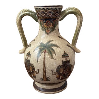 Vinatge MCM Elephants & Palm Trees Large 10 1/2” Jug Style Vase For Sale