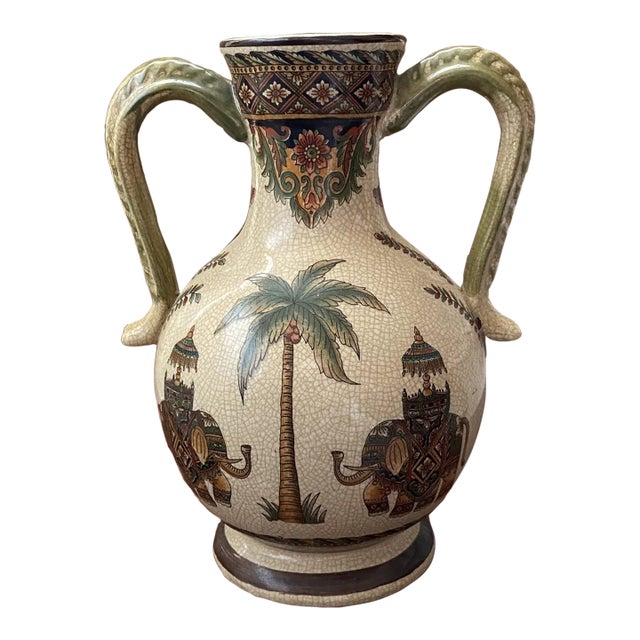 Vinatge MCM Elephants & Palm Trees Large 10 1/2” Jug Style Vase For Sale