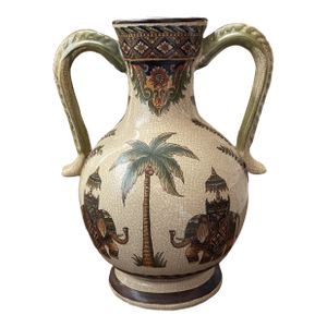 Vinatge MCM Elephants & Palm Trees Large 10 1/2” Jug Style Vase