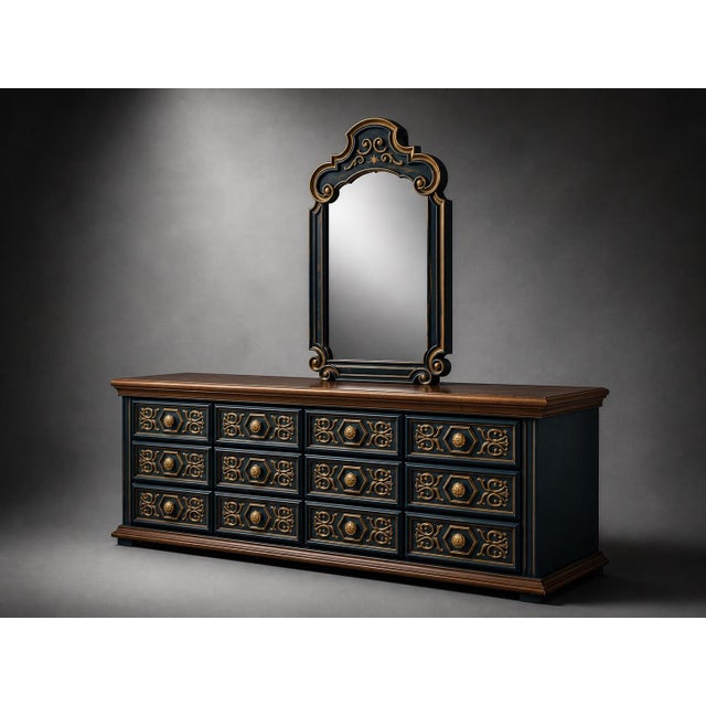 Vintage 1970s Drexel-Attributed Lowboy Dresser — Custom Midnight Blue & Gilded Finish, 4-Bank Drawer Configuration For Sale - Image 4 of 7