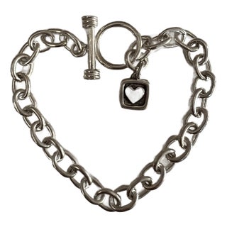 Chunky Sterling Silver Link Bracelet Featuring a Classic Tibetan Toggle Clasp and a Square Heart-Accented Charm For Sale
