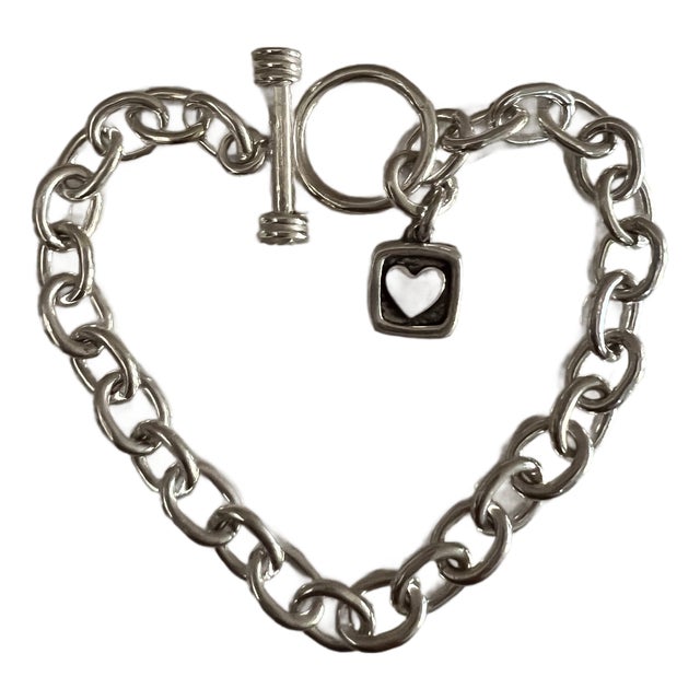 Chunky Sterling Silver Link Bracelet Featuring a Classic Tibetan Toggle Clasp and a Square Heart-Accented Charm For Sale