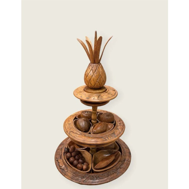 Brown Mid-Century Modern Pineapple Topped Lazy Suzan Epergne Monkey Pod Wood and Decorative Fruit Set- 29 Pieces For Sale - Image 8 of 11