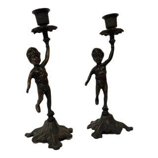 Early 20th Century Austrian Bronze Cherub Candlesticks - a Pair For Sale