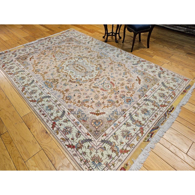 Textile Tabriz Rug, Hand-Knotted Wool & Silk, Floral Design Taupe & Pale Green, 7x10 For Sale - Image 7 of 18
