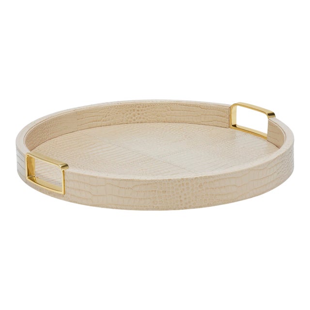 AERIN Carina Faux Croc Leather Small Round Tray, Fawn For Sale