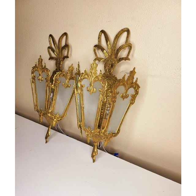 1930s Spanish Brass Lantern Wall Sconces - a Pair For Sale - Image 4 of 7