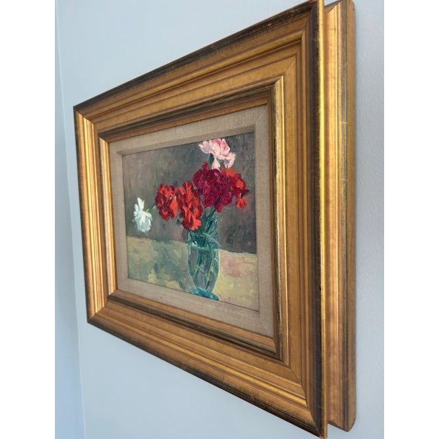 Vintage Signed Original Oil on Board Still Life Red, Pink & White Carnations in Blue Glass Vase For Sale - Image 6 of 15