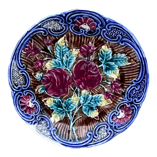 Majolica Roses Plate Wasmuel, Circa 1890 For Sale