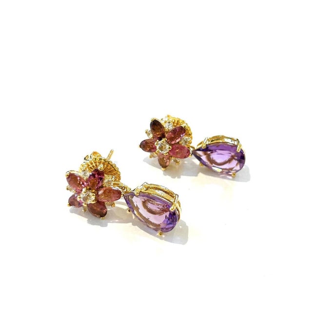 Bochic "Orient" Vintage Amethyst & Rose Rodorite Earrings -18K Gold & Silver For Sale - Image 12 of 18