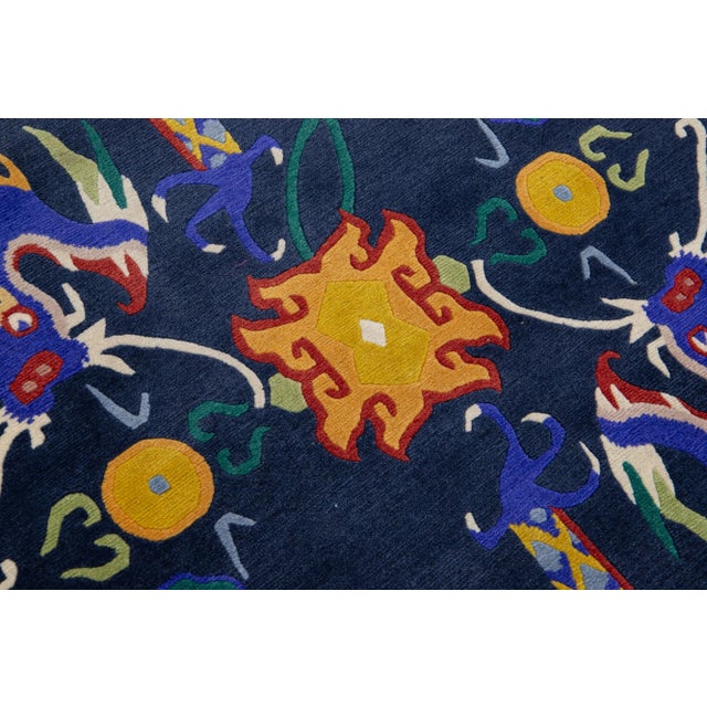 1950s Chinese Vintage Peking Blue Handmade Wool Rug With Mullticolor Dragon Motif For Sale - Image 5 of 7